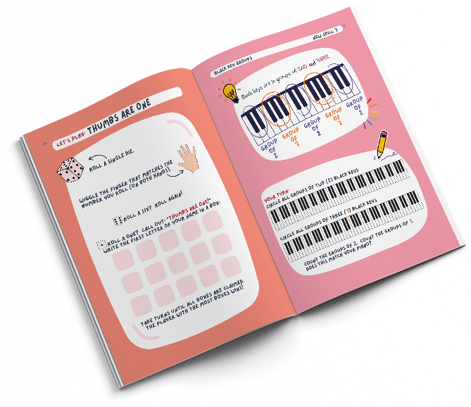 The Pre-Reading Writing Book open to a game page and a black key groups page