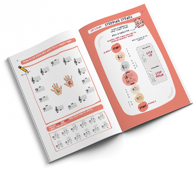 The Primer Writing Book open to a note naming page and a Stepping Stones game page